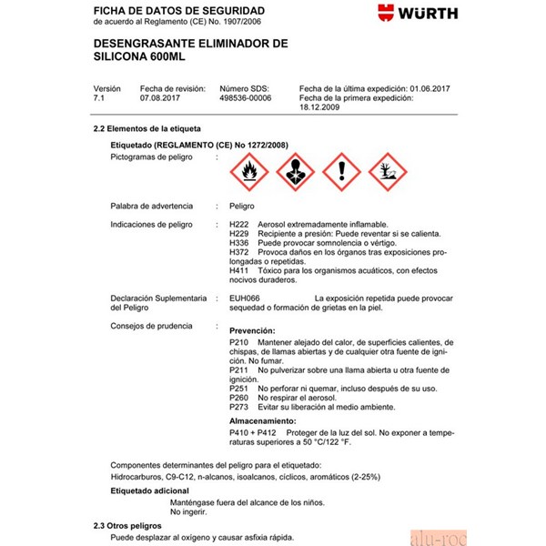 Etiqueta del envase de este producto químico de Wurth