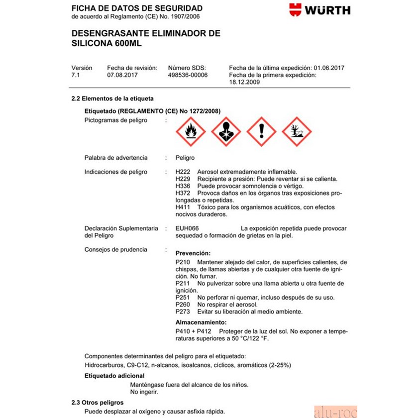 Ficha de seguridad en el etiquetado del Desengrasante Ref. 0893222600 de Wurth