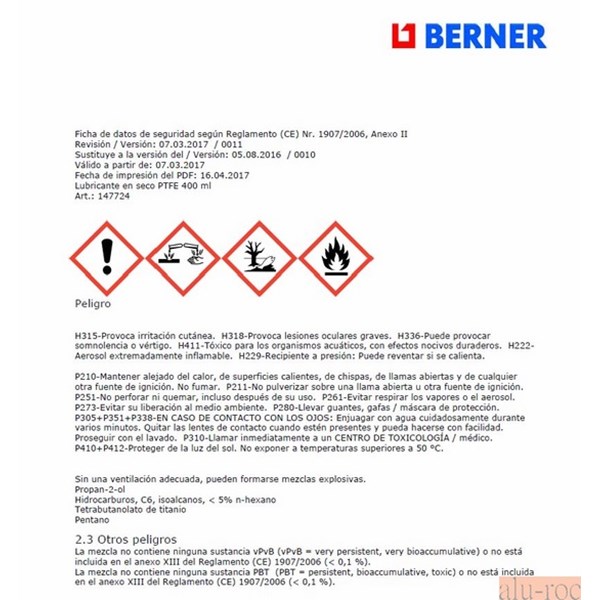 Etiqueta del envasado de este producto químico de Berner