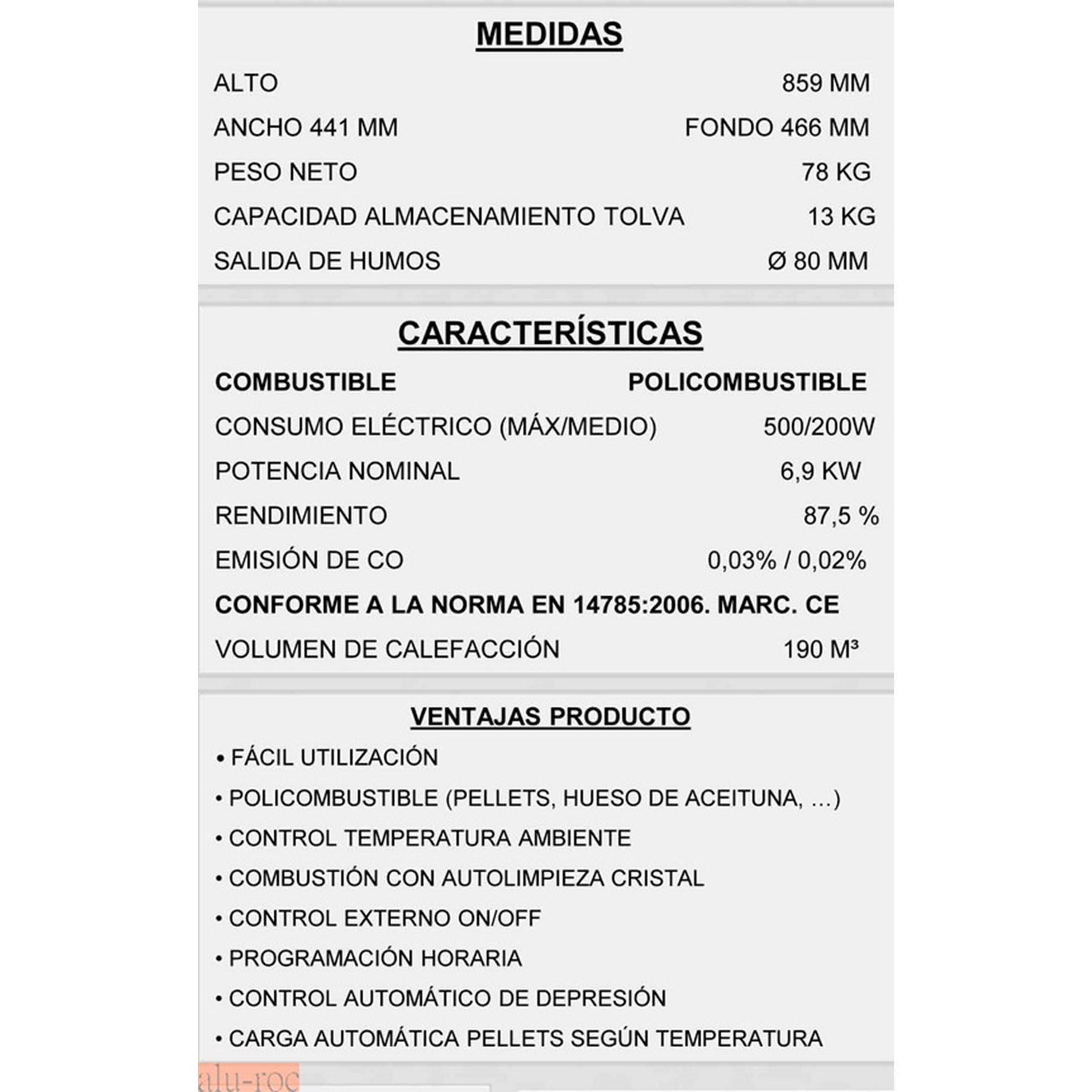 Características técnicas estufa P 70 PANADERO