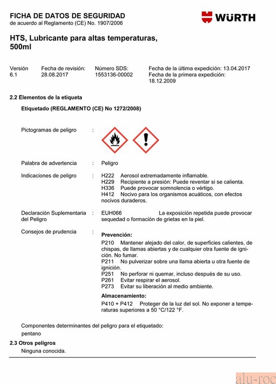 Ficha de datos de seguridad del lubricante Ref. 0893128 de Wurth