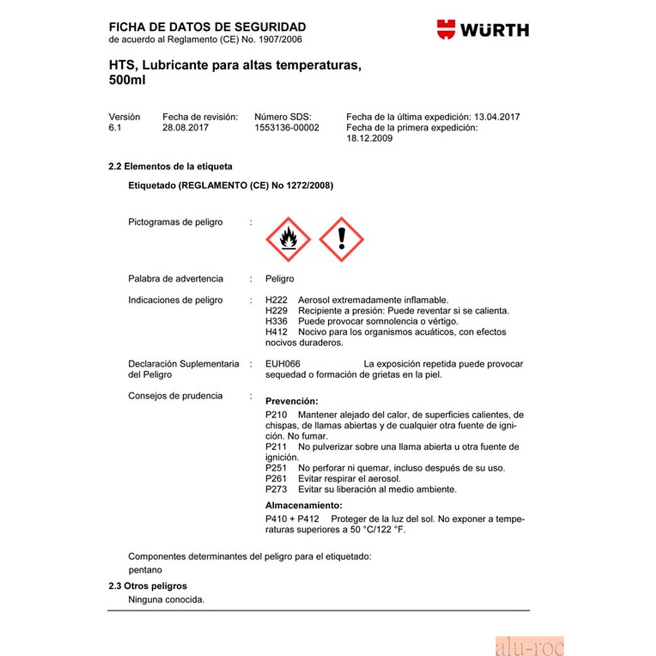 Ficha de datos de seguridad del lubricante Ref. 0893128 de Wurth